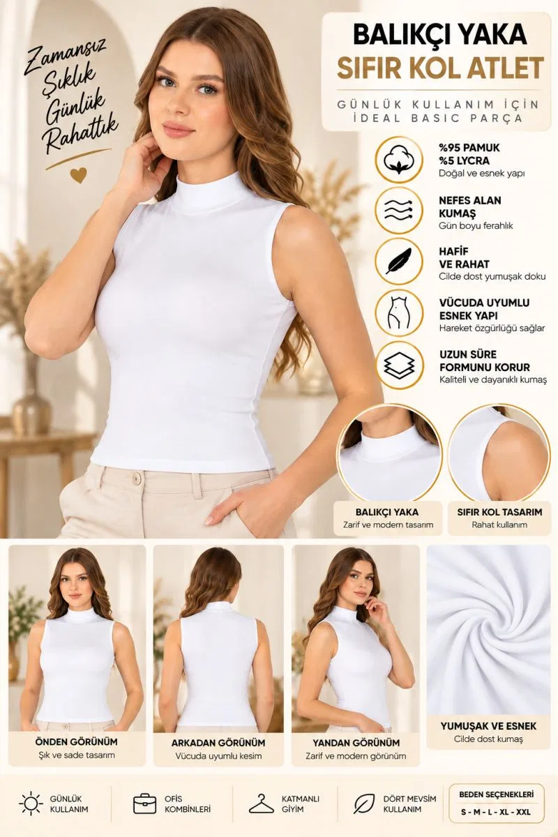 Kadın Balıkçı Yaka Sıfır Kol Atlet Beyaz, Esnek Kumaş, Vücuda Oturan Basic Kolsuz Body - ryl - 2614 görsel 2
