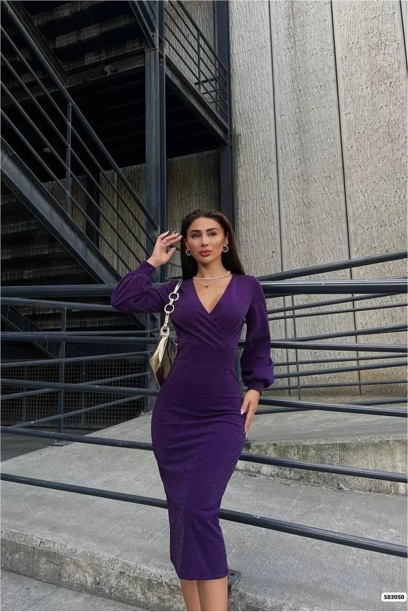 Kadın Minimal Tasarım Kruvaze Yaka Midi Uzun Kollu Elbise görsel 5