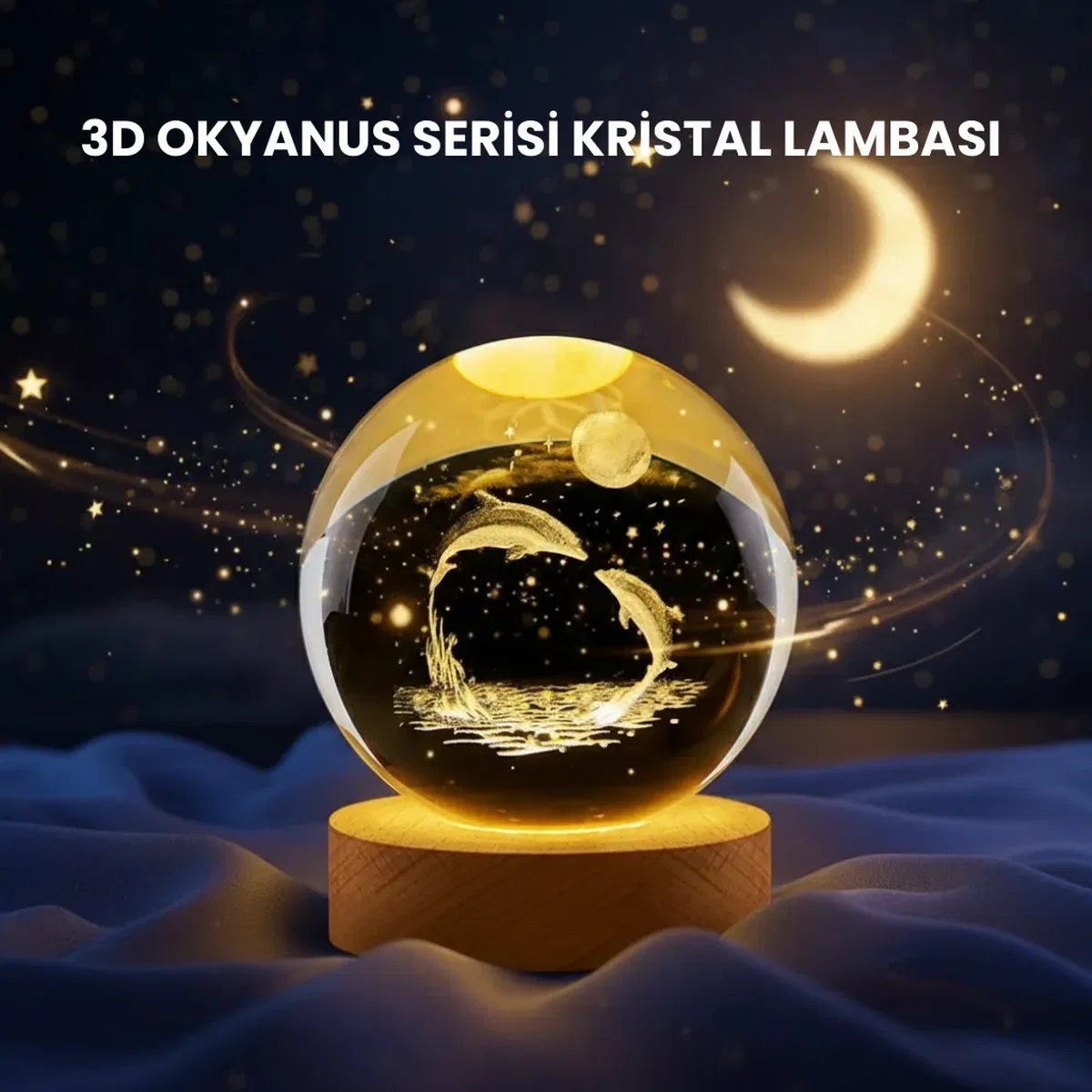 Yunus Figürlü LED Kristal Küre Ahşap Standlı Dekoratif Gece Lambası