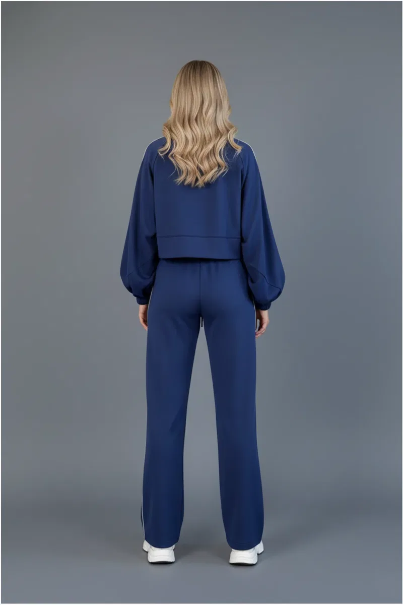 Kadın Şık Kırmızı Şerit Detaylı Fermuarlı Crop Ceket Ve Pantolon görsel 8