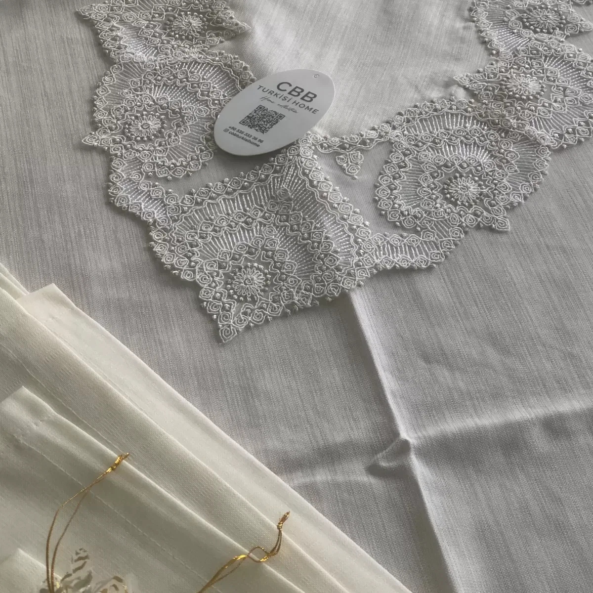 Sofra Takımı Kartanesi Gardenya Keten Yemek Takımı 160x220 Masa Seti 12 Kişilik 26 Parça Runner Set Kreme Gold görsel 12
