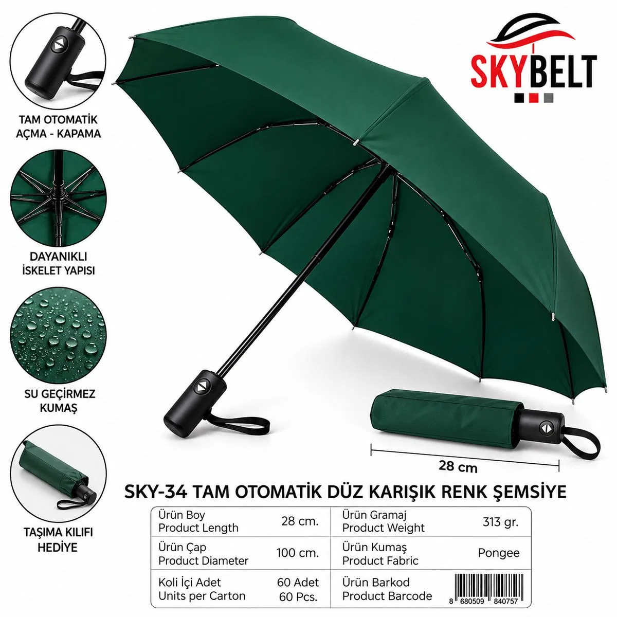 TAM OTOMATİK) ERKEK ŞEMSİYE ( SİYAH) görsel 2