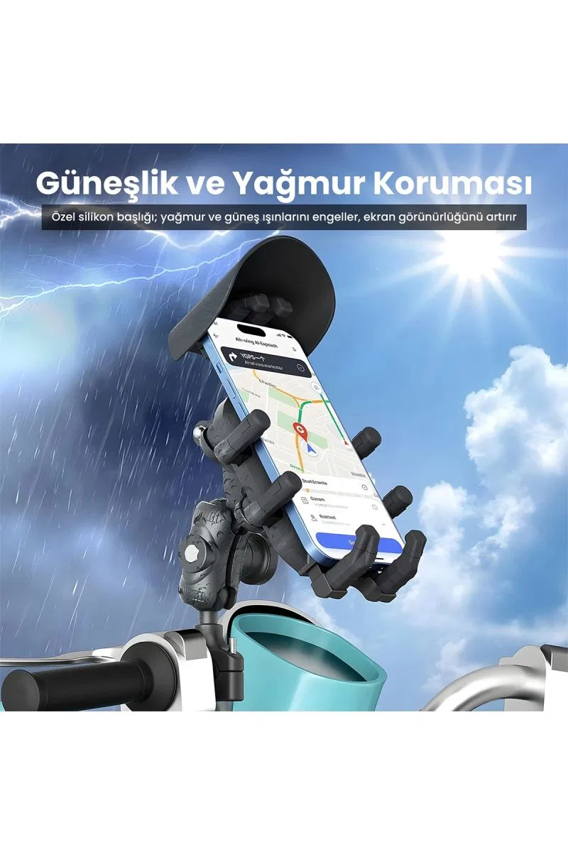 Gidon Bağlantılı Güneş Ve Yağmur Korumalı 360° Derece Ayarlanabilir Motosiklet Bisiklet Telefon Tutucu görsel 4