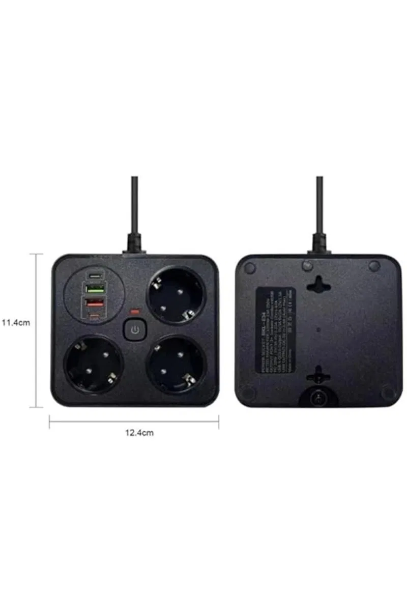 Akım Korumalı Anahtarlı Priz - 3x Priz - 2x Usb - 2x Type-c - 2 Mt Kablo Hızlı Şarj Özellikli Siyah görsel 8