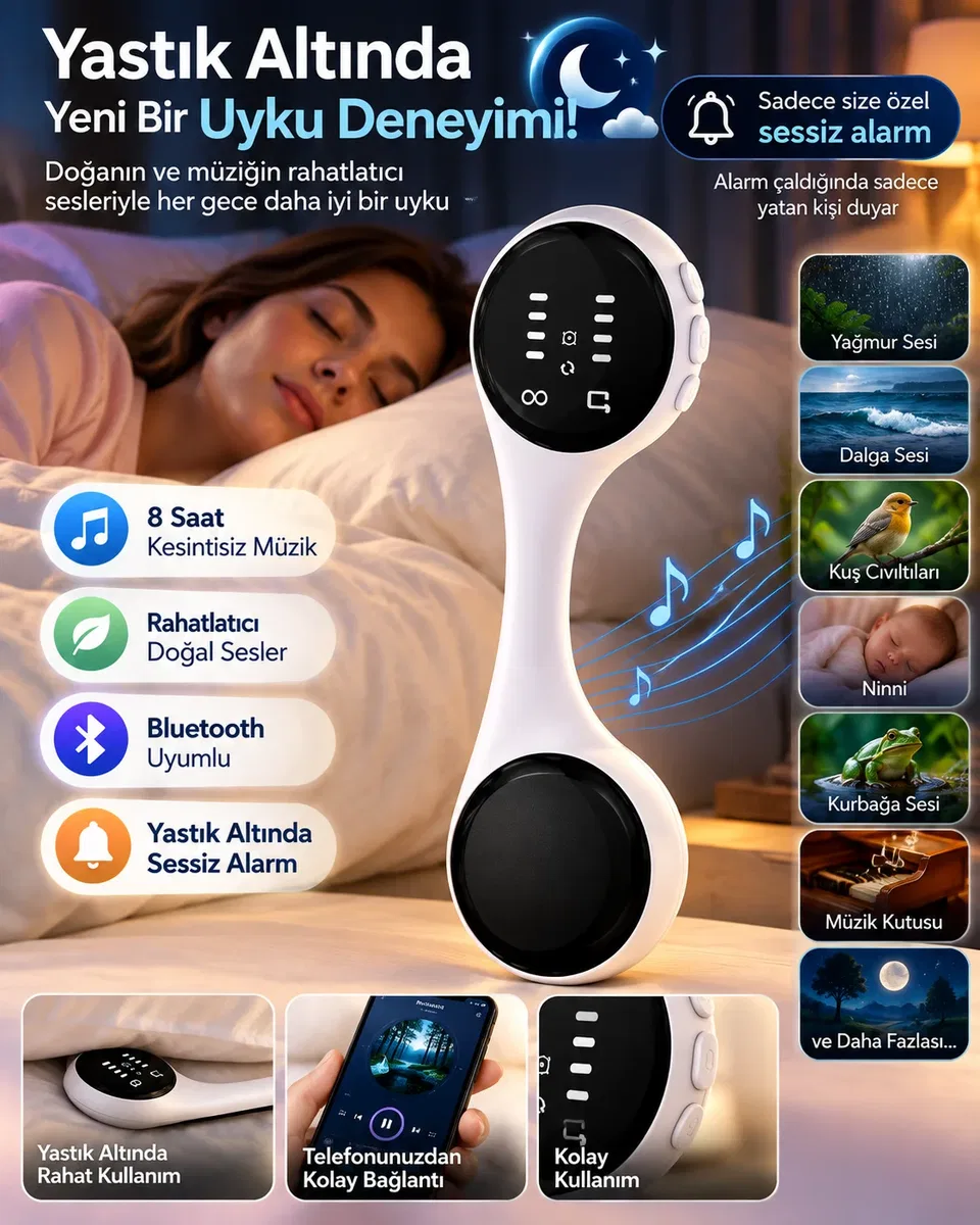 Sessiz Alarm Bluetooth Uyku Hoparlörü Yastık Altı Kullanım Rahatlatıcı Sesler 8 Saat Kesintisiz Müzik
