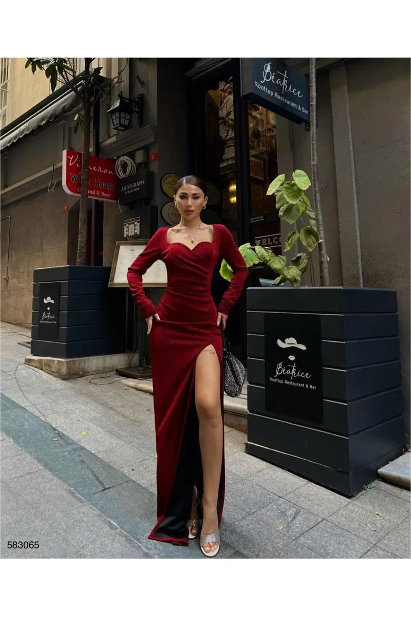 Kadın Günlük Kalp Yaka Uzun Kol Çiçekli Bodycon Elbise görsel 5