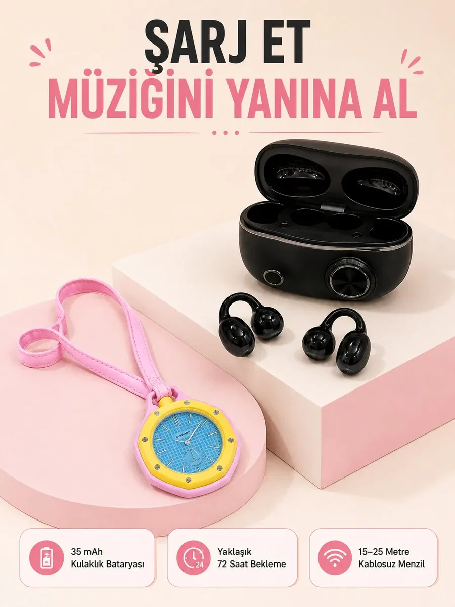 Kablosuz Kulaklık Seti ve Pembe Askılı og Charm Saat Günlük Kullanım Kampanyası