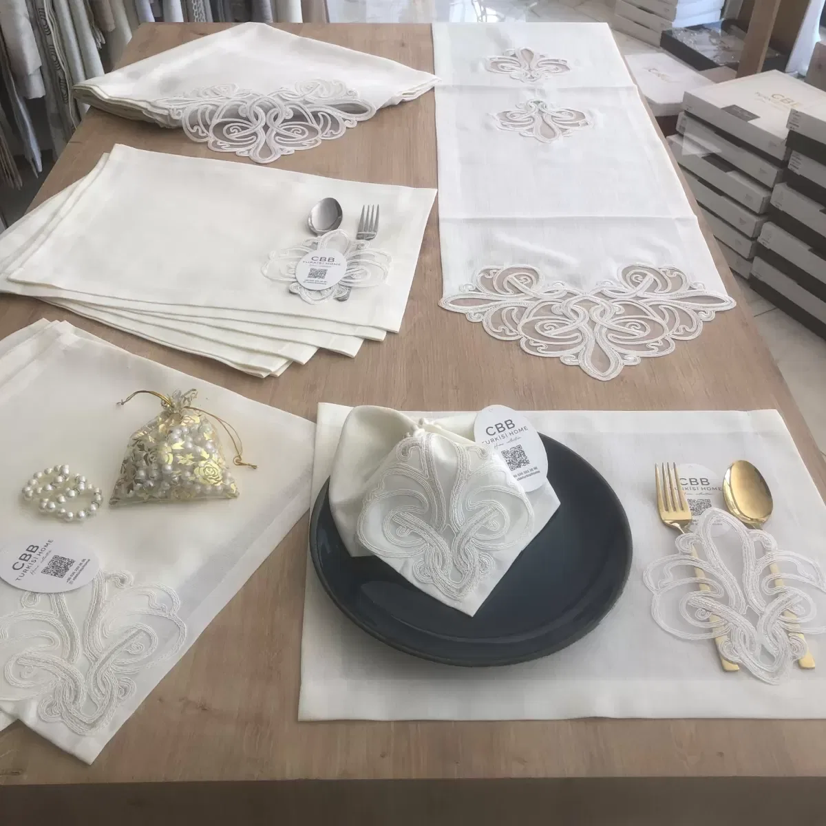 Sofra Takımı Taç Gardenya Keten Yemek Takımı 160x260 Masa Seti 26 Parça Runner Set Krem görsel 9