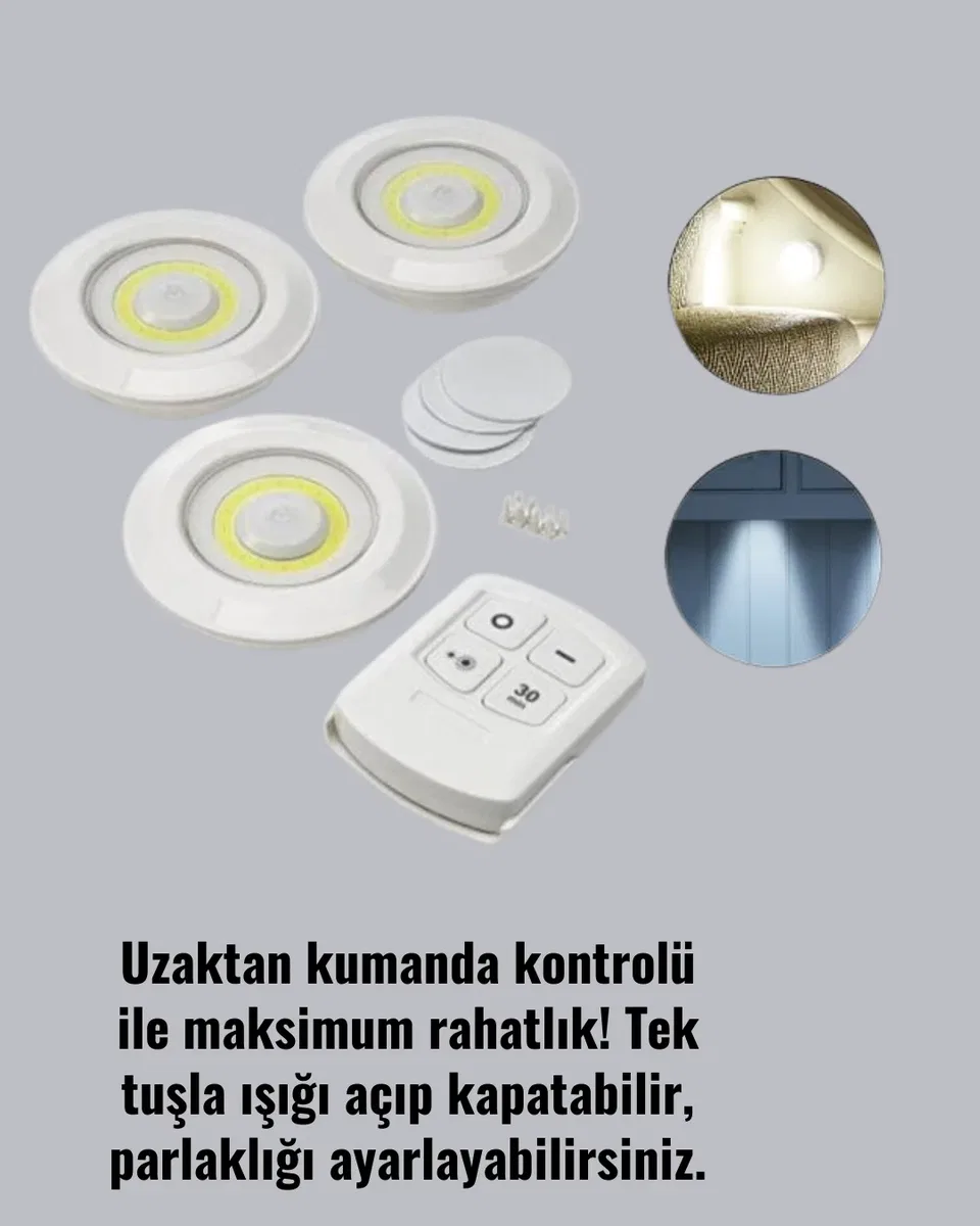 Kablosuz 3 Lü Spot Led Lamba Seti Uzaktan Kumandalı Enerji Tasarruflu Aydınlatma görsel 3