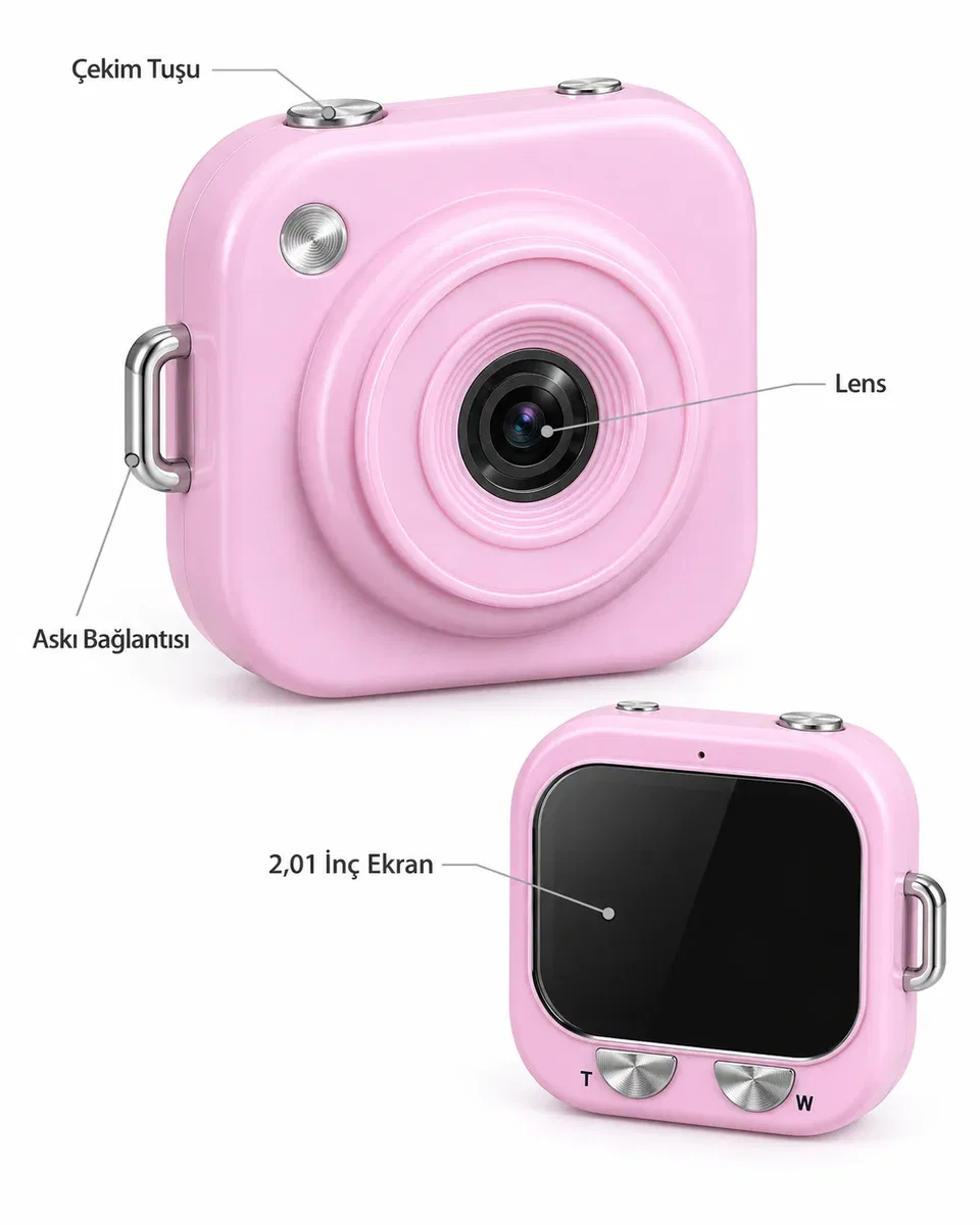 1. Cep Boy Pembe Dijital Fotoğraf Makinesi 2, 01 İnç Ekran ve Type C Şarj görsel 3
