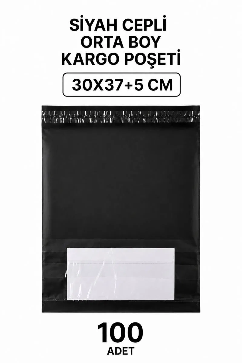 Siyah Cepli Orta Boy Kargo Poşeti 30x37+5 Cm 100 Adet