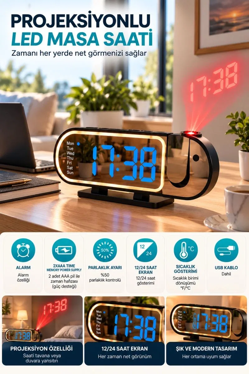 Şık Tasarımlı Led Masa Saati Dijital Ekran Alarm 12 24 Saat Ve Sıcaklık Göstergeli