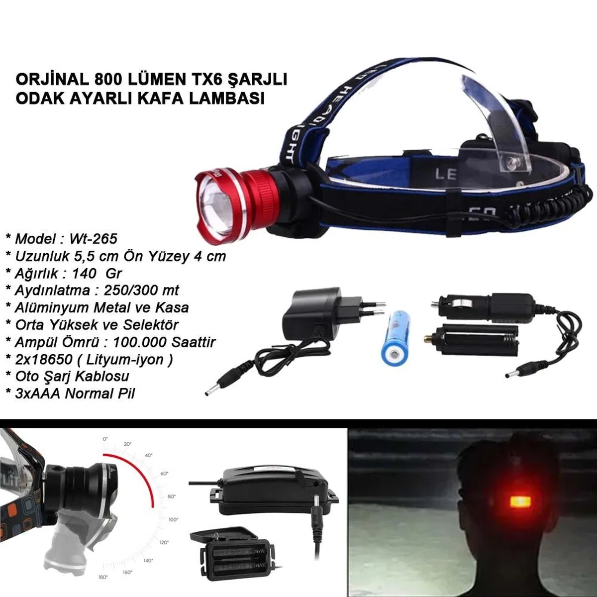 Orjinal 800 Lümen T6 Şarjlı Kafa Feneri Wt-265