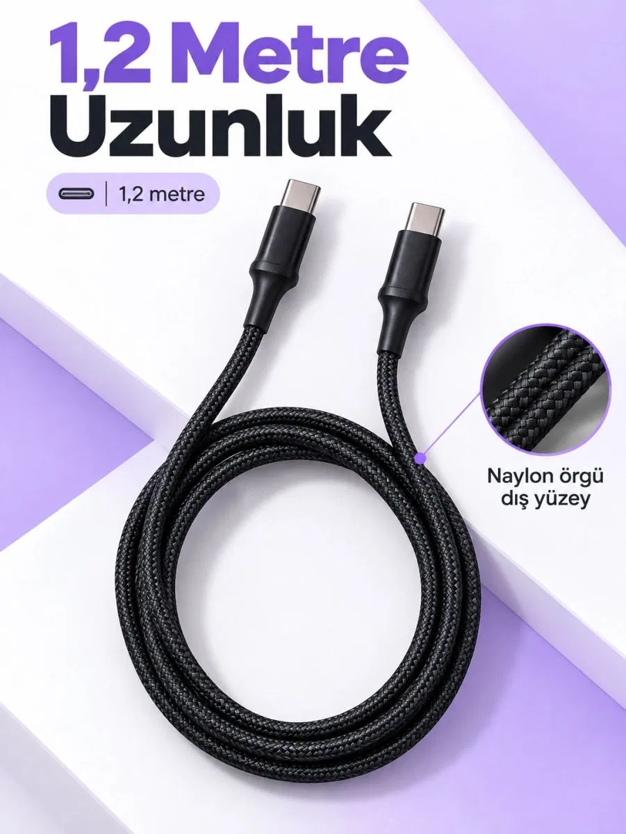 Telefon Ve Tablet İçin Type C To Type C Örgülü Şarj Kablosu
