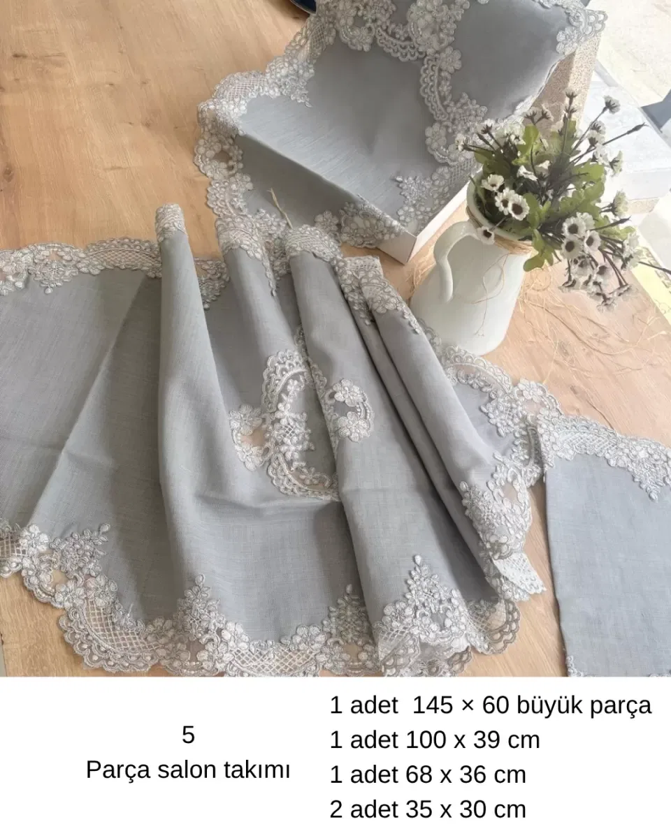 5 Parça Gri Firuze Model Keten Dantelli Masa Örtüsü Runner Seti Çeyizlik Salon Takımı görsel 4