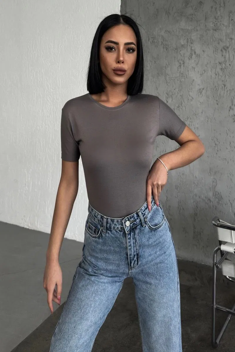 Rahat Ve Şık Kısa Kollu Bisiklet Yaka Likralı Viskon Penye Body Füme görsel 2