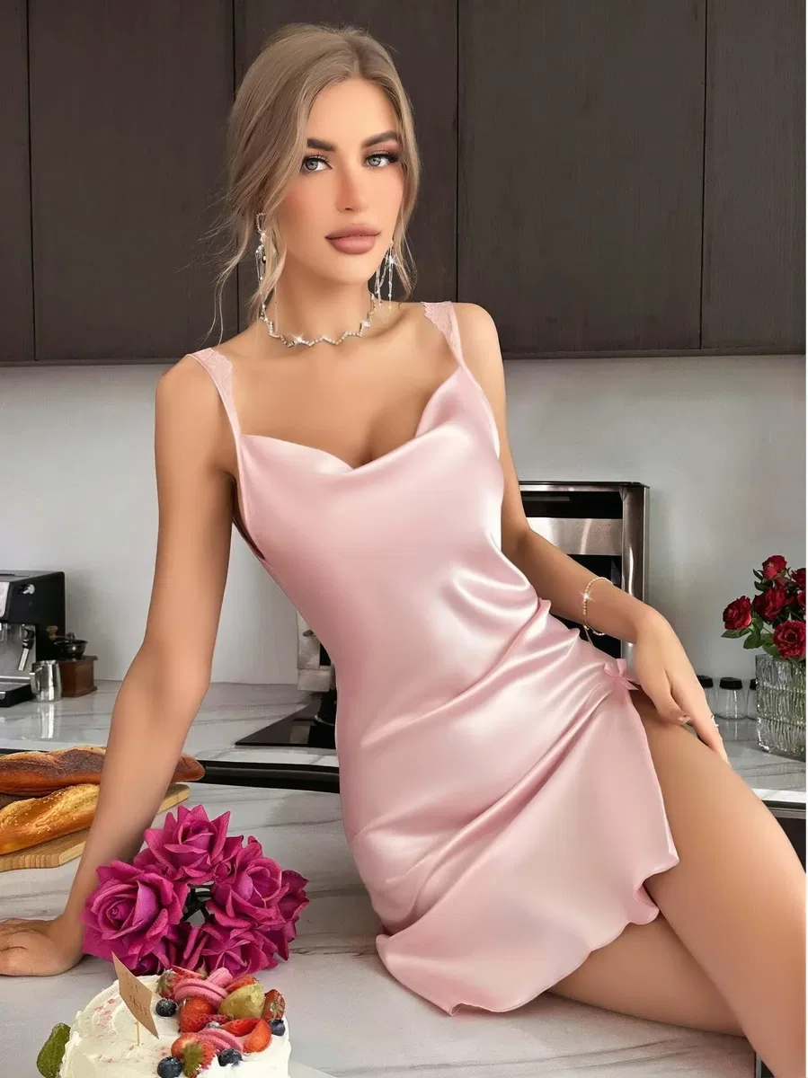 Kadın Saten Askılı Dantel Detaylı Gecelik - Pudra Pembe 2224 görsel 3