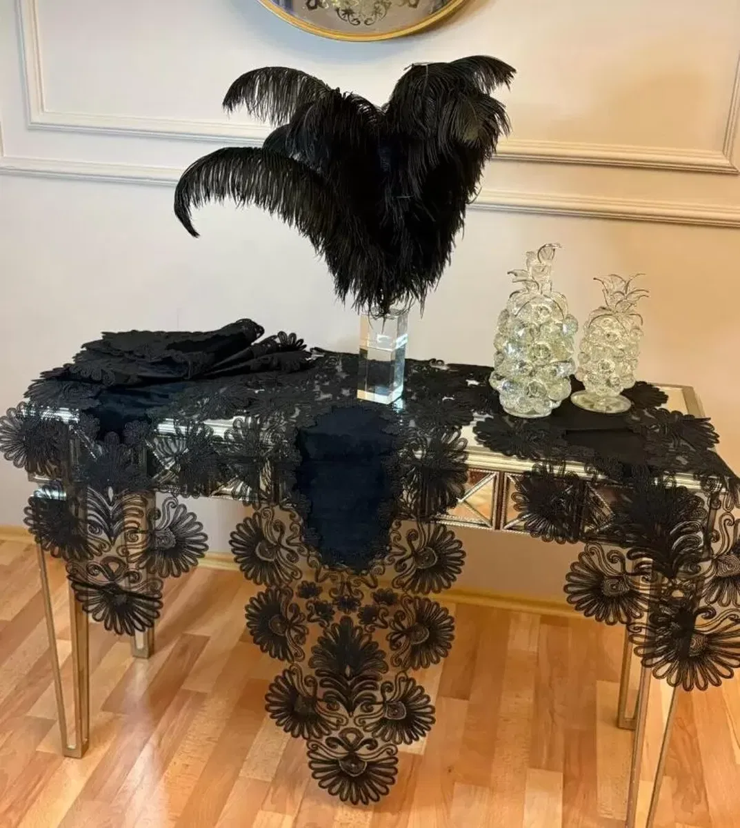 Palmiye Model Siyah Keten Masa Örtüsü Runner Seti Çeyizlik Salon Takımı 7 Parça Şık Tasarım görsel 5