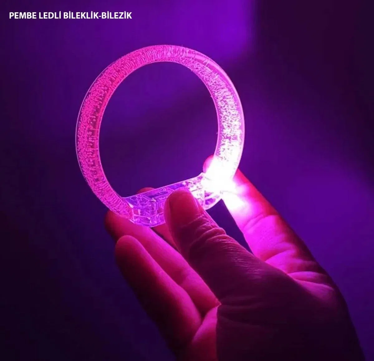 Pembe Led Işıklı Baskı Yapılabilen Pilli Bileklik Bilezik 1, 5 Cm Genişlik