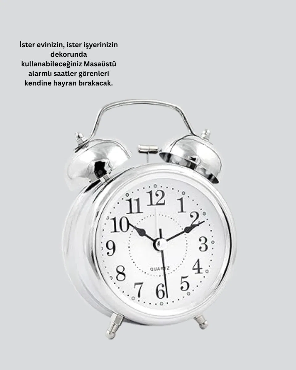 Dekoratif Yuvarlak Gümüş Sessiz Işıklı Masa Üstü Çalar Saat Alarmlı Ve Şık Tasarım görsel 4