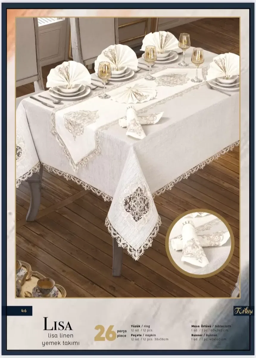 Lisa Linen Krem 26 Parça 12 Kişilik Premium 160 × 260 cm Masa Seti görsel 5