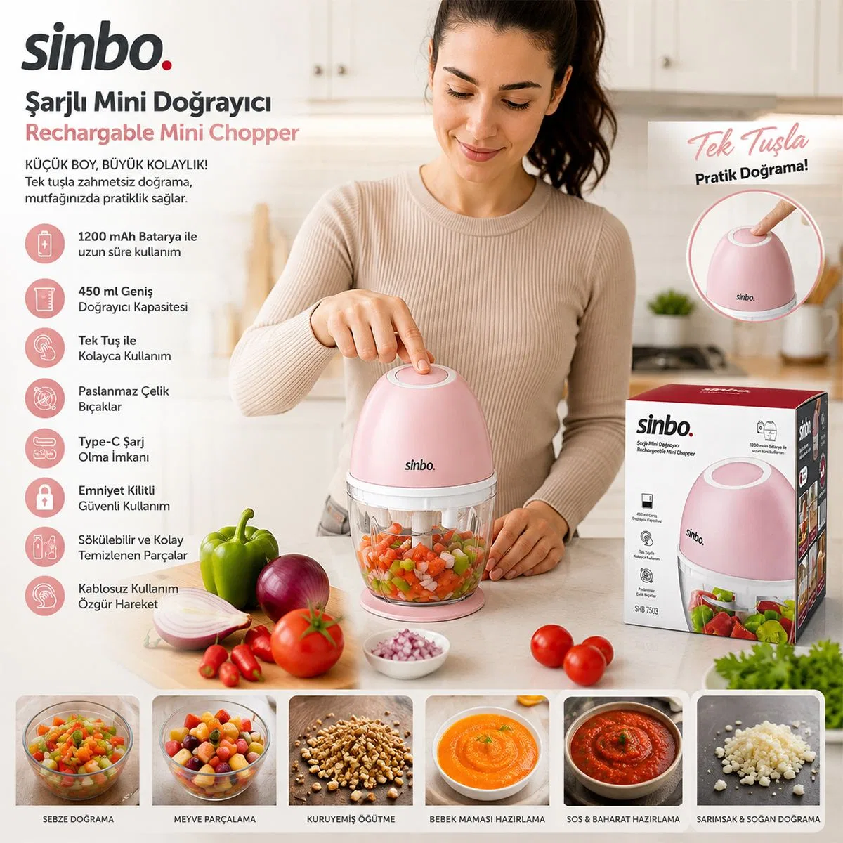 Şarjlı Mini Doğrayıcı Blender 450 ml görsel 2