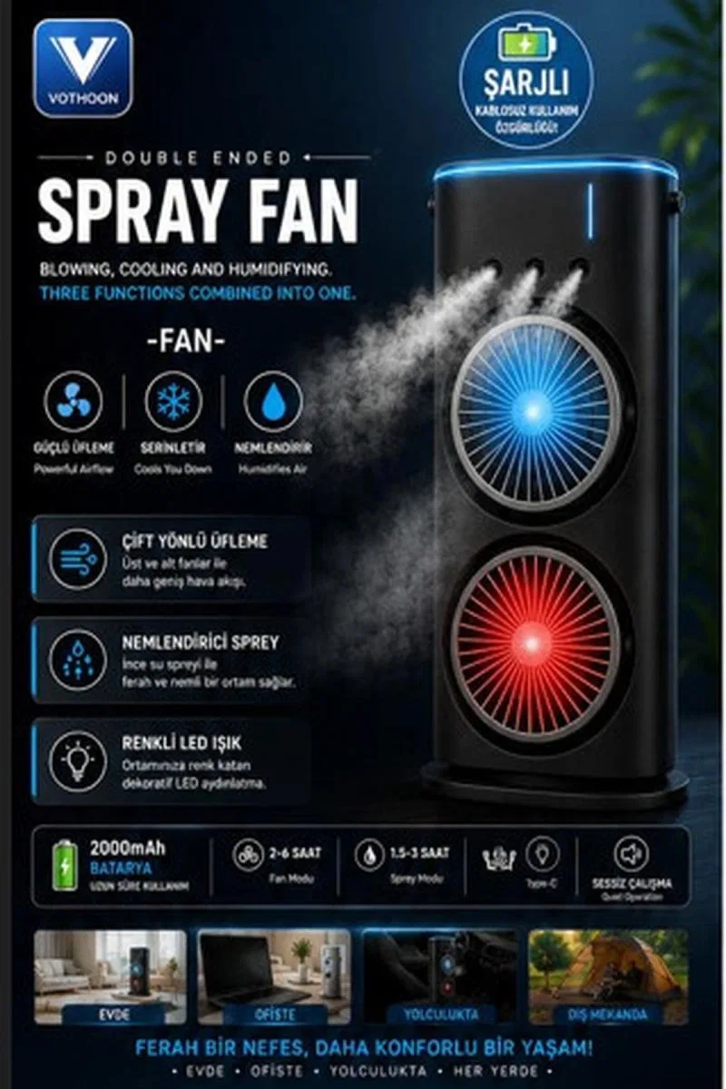 Vothoon Çift Başlıklı Sprey Fan Nemlendirici Ve Renkli Led Işıklı Siyah görsel 2