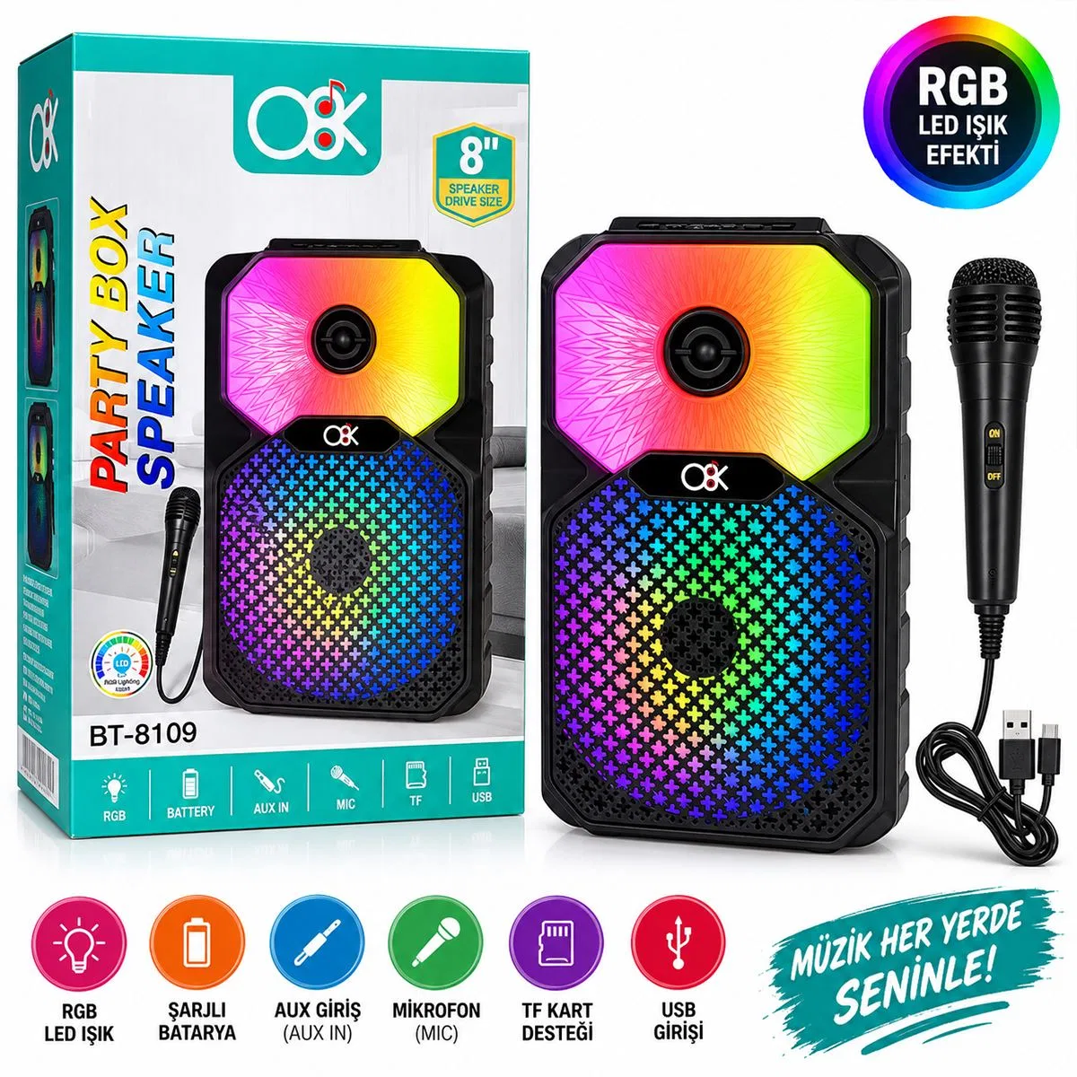 8 inç Bluetooth Mikrofonlu Karaoke Hoparlör (Şarjlı, RGB) görsel 2