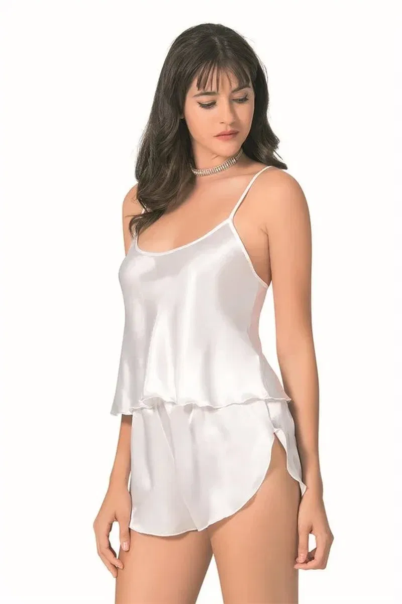 Şık Tasarım Yumuşak Dokulu Ekru Saten Babydoll Şort Takımı