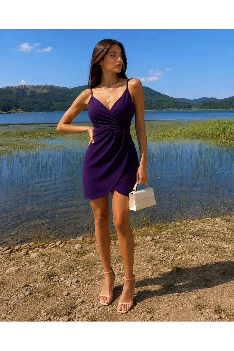 Kadın Trend Model Kruvaze Askılı Mini Elbise görsel 7