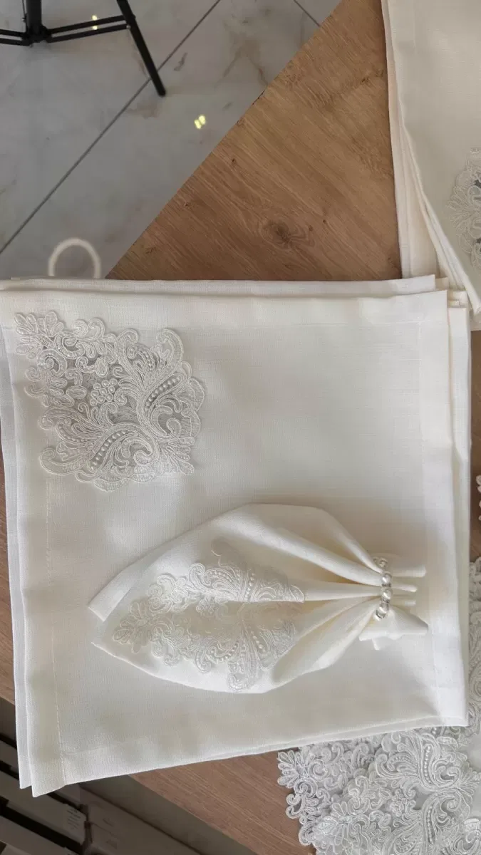 Sofra Takımı Mimoza Gardenya Keten Yemek Takımı 160x260 Masa Seti 12 Kişilik 26 Parça Runner Set Krem görsel 8