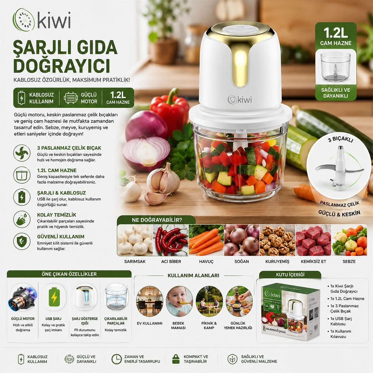 USB Type-C Şarjlı Mini Blender 3 Bıçak 1. 2L görsel 3