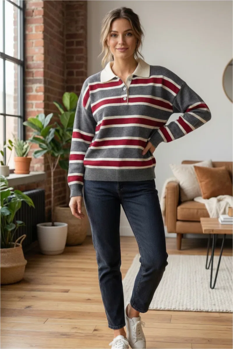 Kadın Şık Polo Yaka Çizgili Oversize Triko Kolej Stil Yumuşak Dokulu Kazak görsel 8