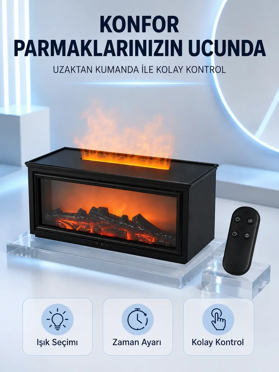 Dekoratif Şömine Görünümlü Nemlendirici Uzaktan Kumandalı Renkli LED Işıklı Difüzör