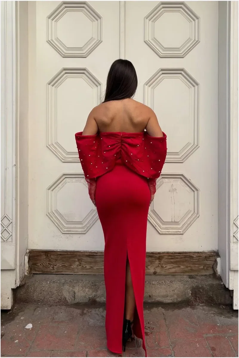Kadın Trend Model Esnek Tül Kumaş Straplez Abiye Elbise görsel 6