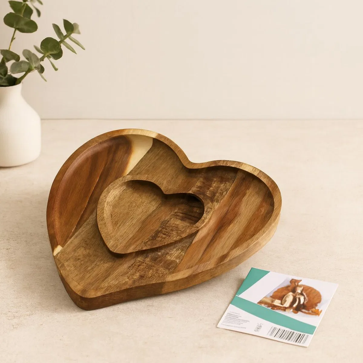 Ahşap Bambu Servis Tepsisi 2 Bölmeli Kalp Model 20x19. 5x1. 5 cm