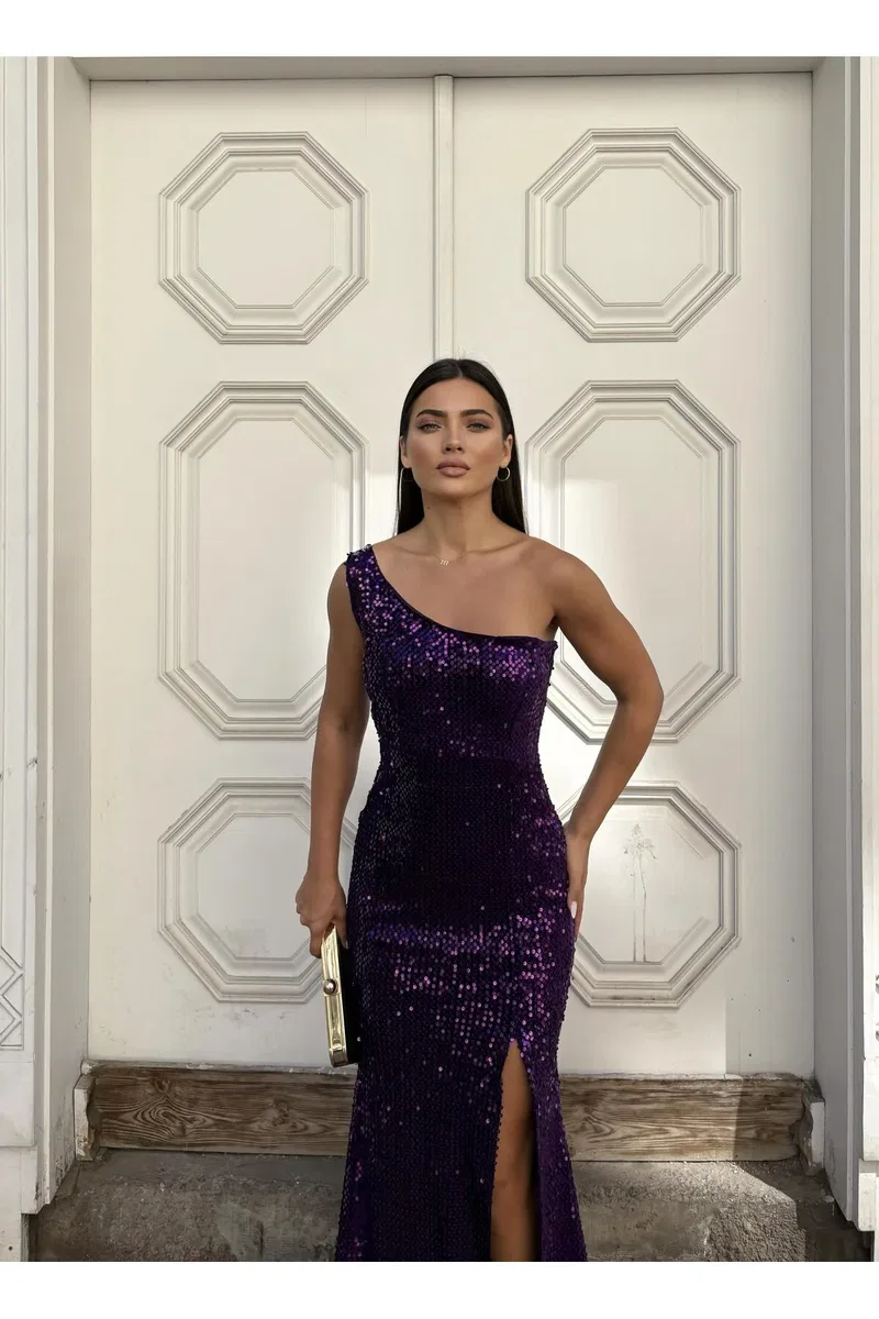 Kadın Yeni Sezon Tek Omuz Tek Kol Kadife Kumaş Balık Kesim Payet Elbise görsel 8
