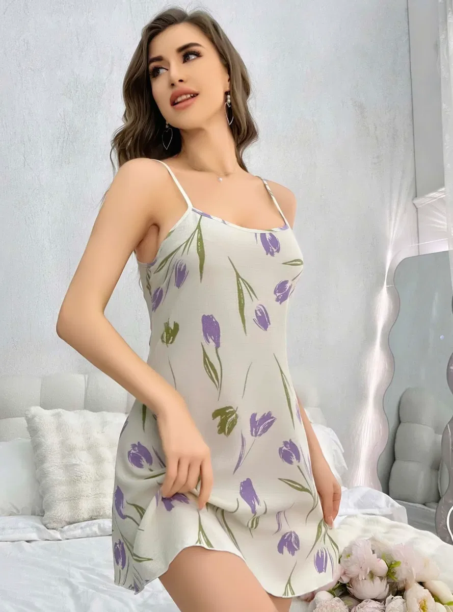 Kadın Beyaz Çiçekli Desenli Askılı Gecelik 5109 görsel 2