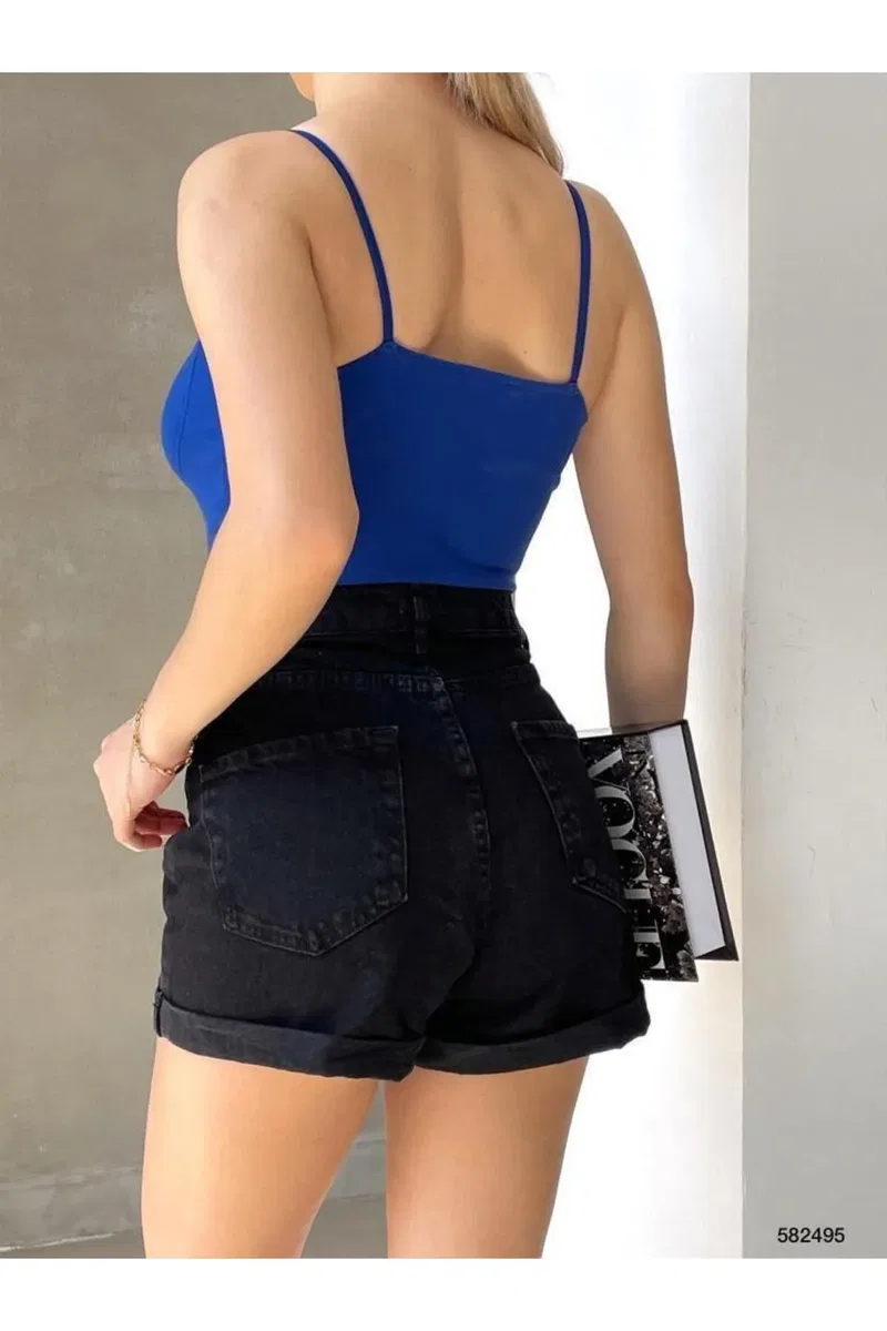 Kadın İşçilik V Yaka İnce Askılı Krep Kumaş Crop Büstiyer görsel 8