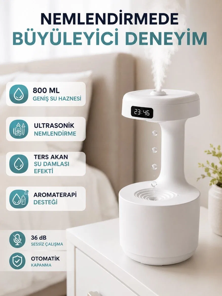 Ultrasonik Hava Nemlendirici 800 Ml Aromaterapi Difüzör Ters Su Damlası Efektli görsel 3