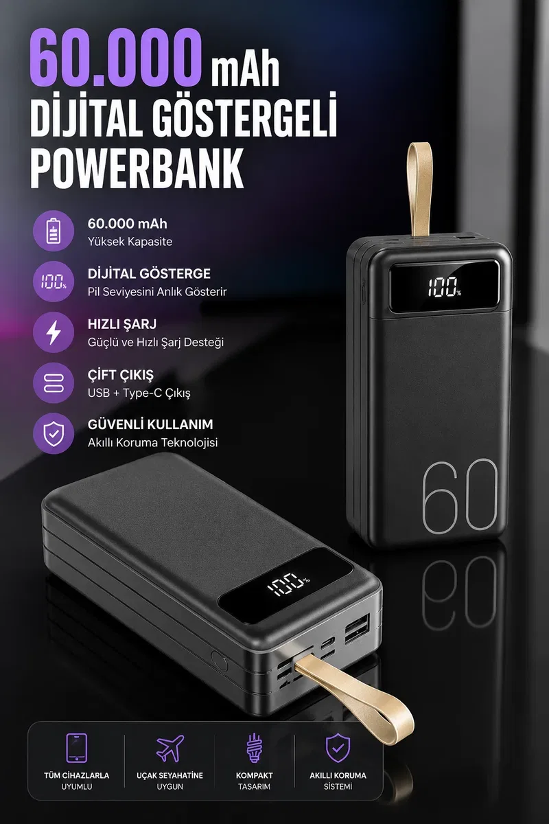 Powerbank 60. 000 Mah Hızlı Şarj 4 Çıkışlı Uzun Şarj Süreli Dijital Göstergeli