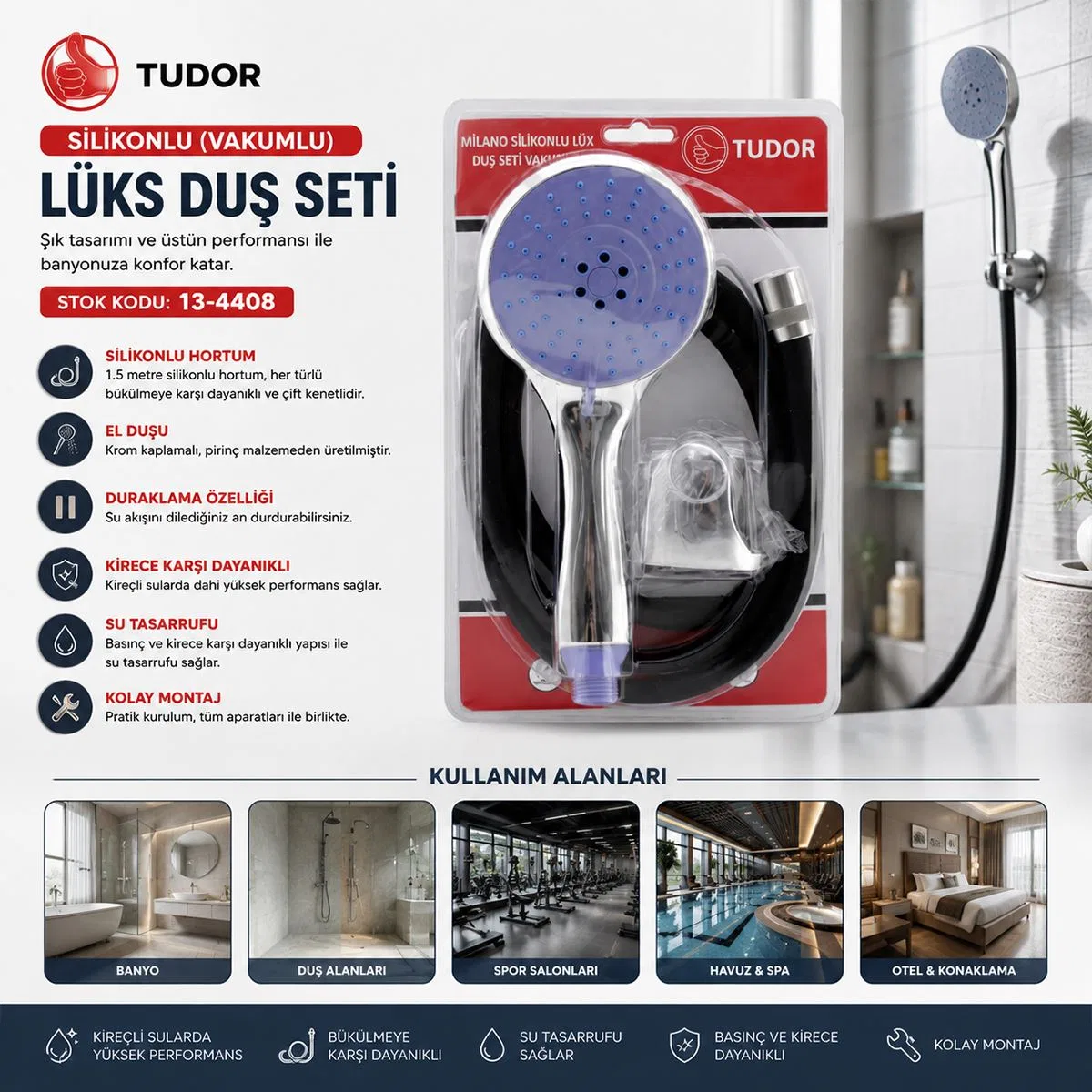 Vakumlu Silikon Lüks Duş Seti 1. 5m - Çok Fonksiyonlu Duş Başlığı, 3 Kademe Mafsal görsel 2
