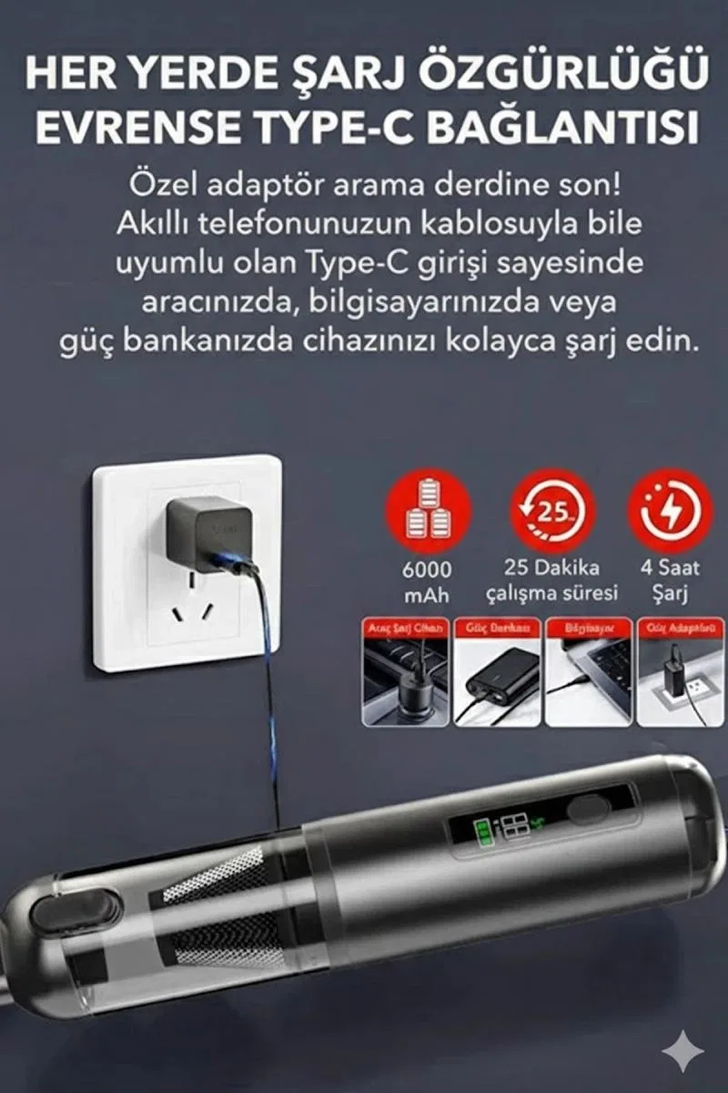 Araç Süpürgesi Şarjlı 120w 20. 000pa Göstergeli Yeni Nesil Metal Filtre Extra Vakum Ve Üfleme görsel 6