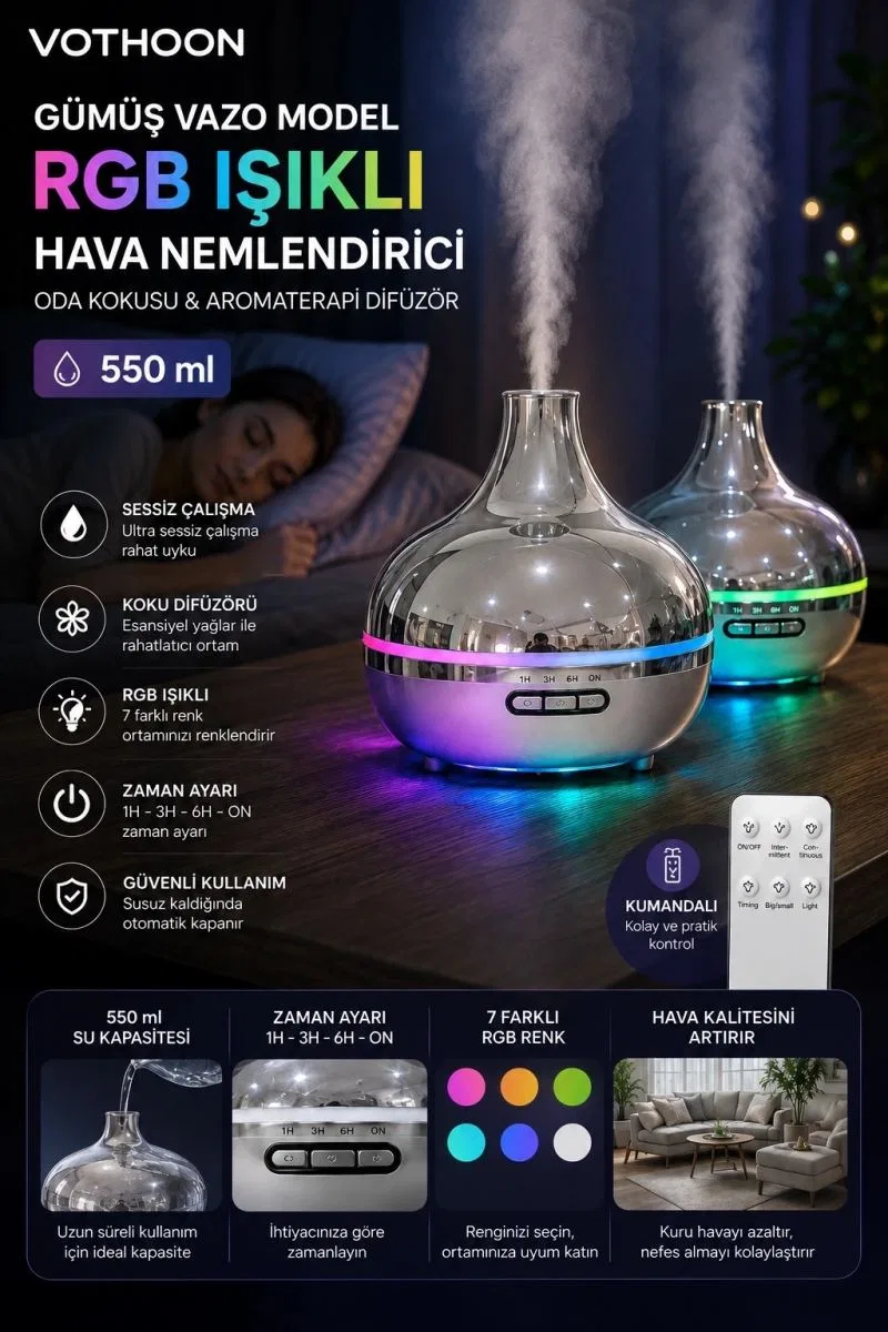 Gümüş Vazo Model Rgb Işıklı Hava Nemlendirici & Aromaterapi Difüzör – 550 Ml Kumandalı görsel 3