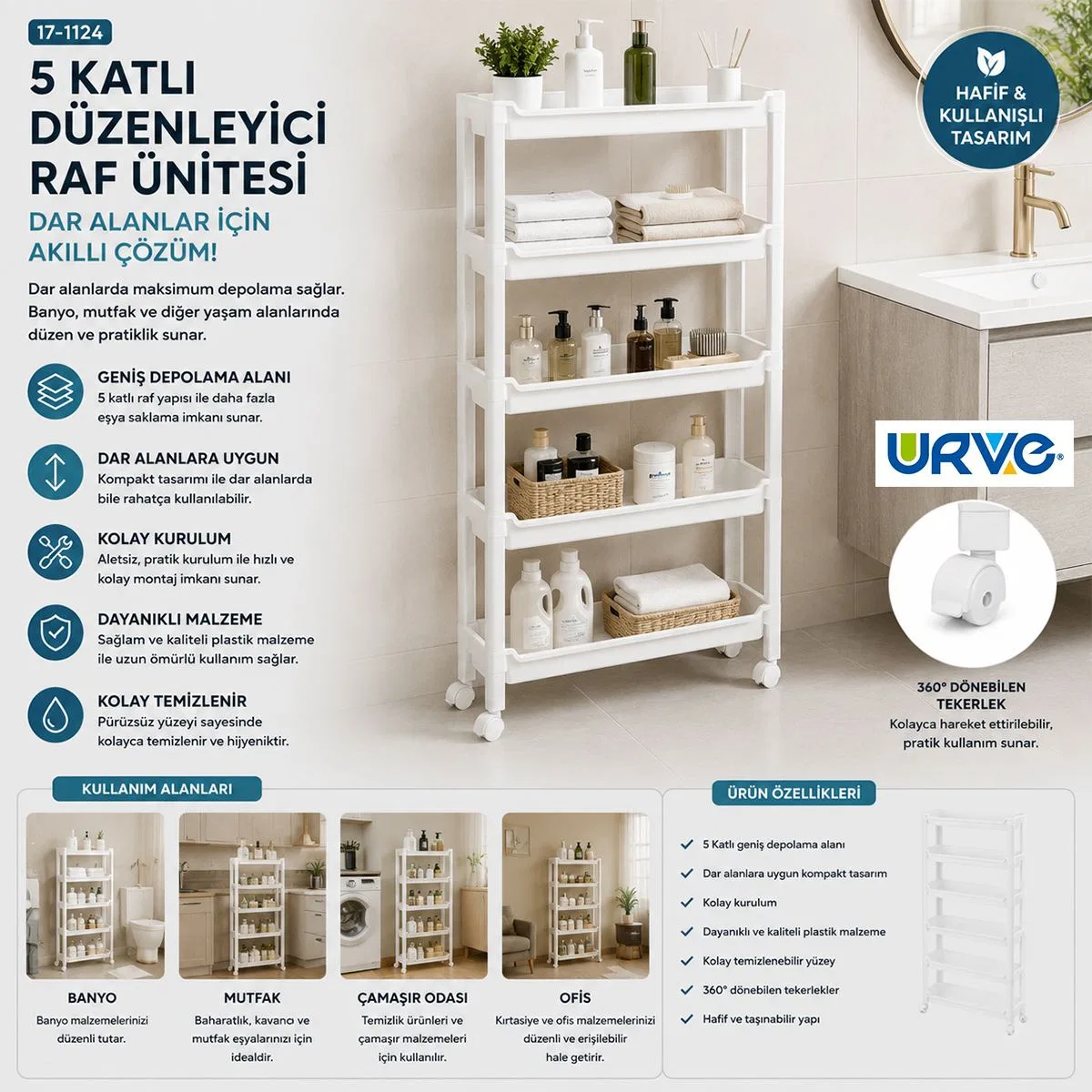 5 Katlı Tekerlekli Sepet Organizer Raf Ünitesi 465x145x850 mm görsel 3