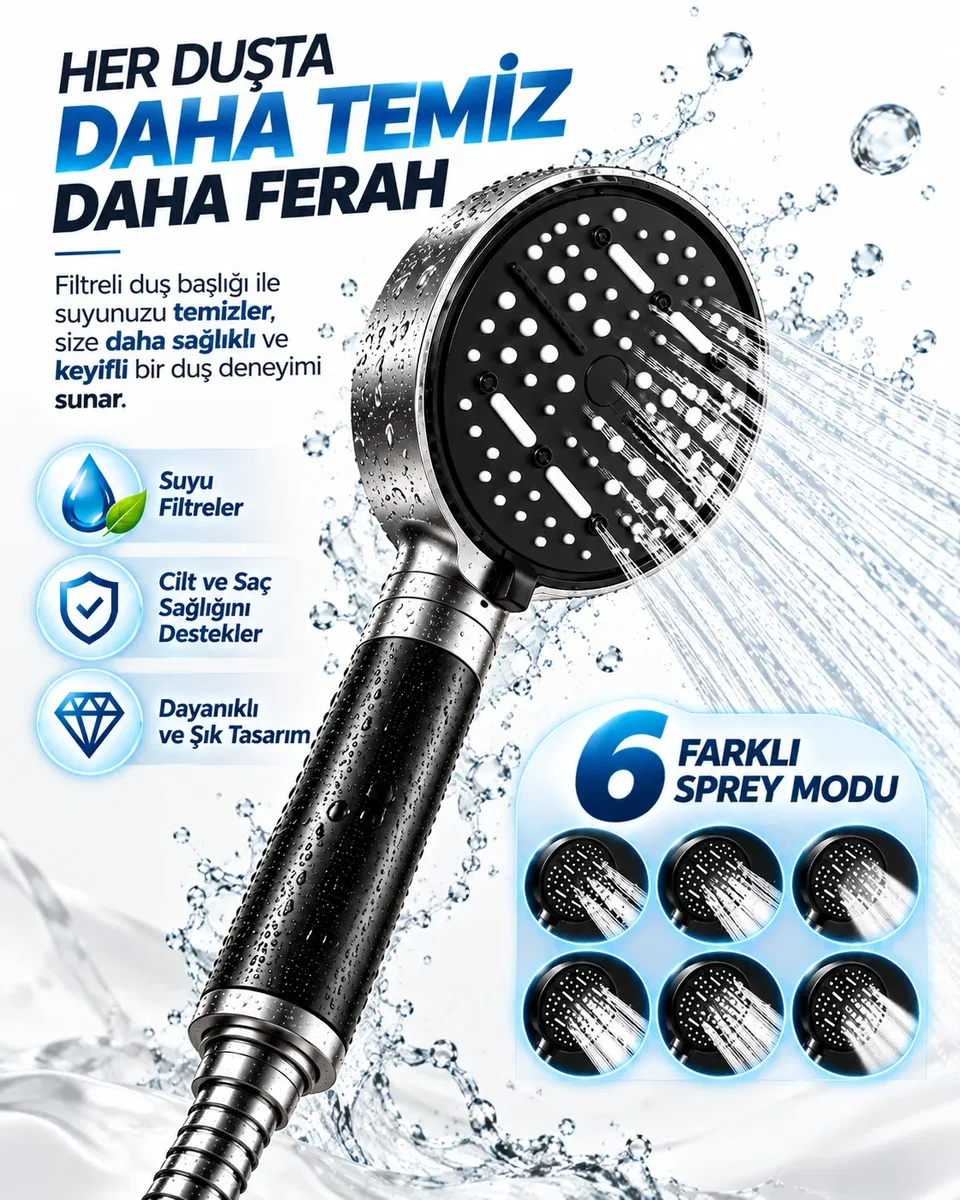 Filtreli 6 Sprey Modlu Duş Başlığı Büyük Panel Siyah Metalik Çok Fonksiyonlu