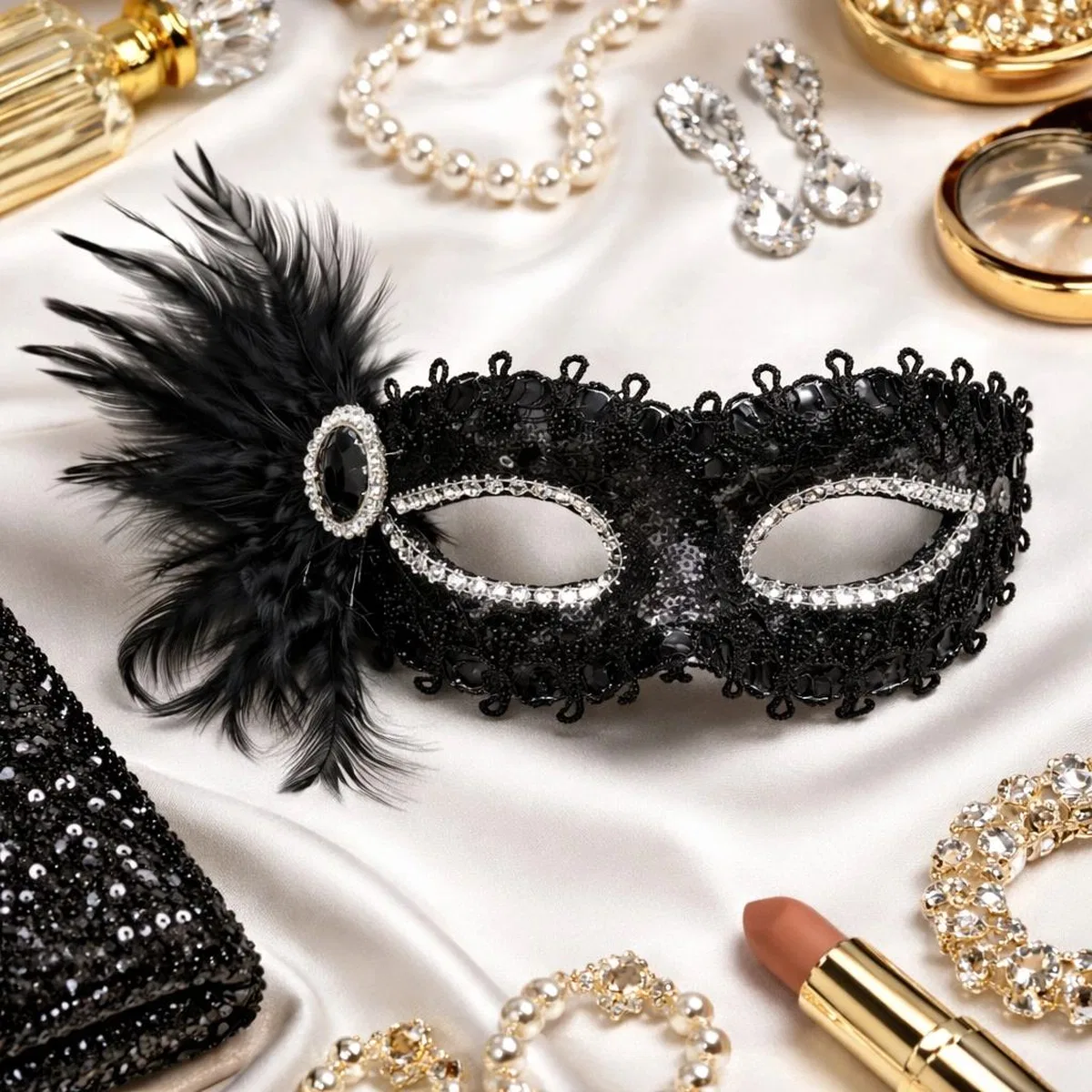 Siyah Taşlı Venedik Parti Maskesi – Tüylü Payetli görsel 2