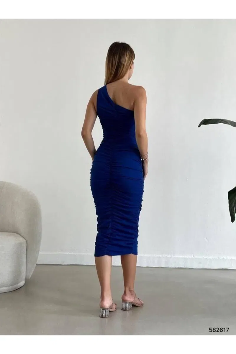 Kadın İnce Tek Omuz Tek Kol Krep Kumaş Bodycon Abiye Elbise görsel 6