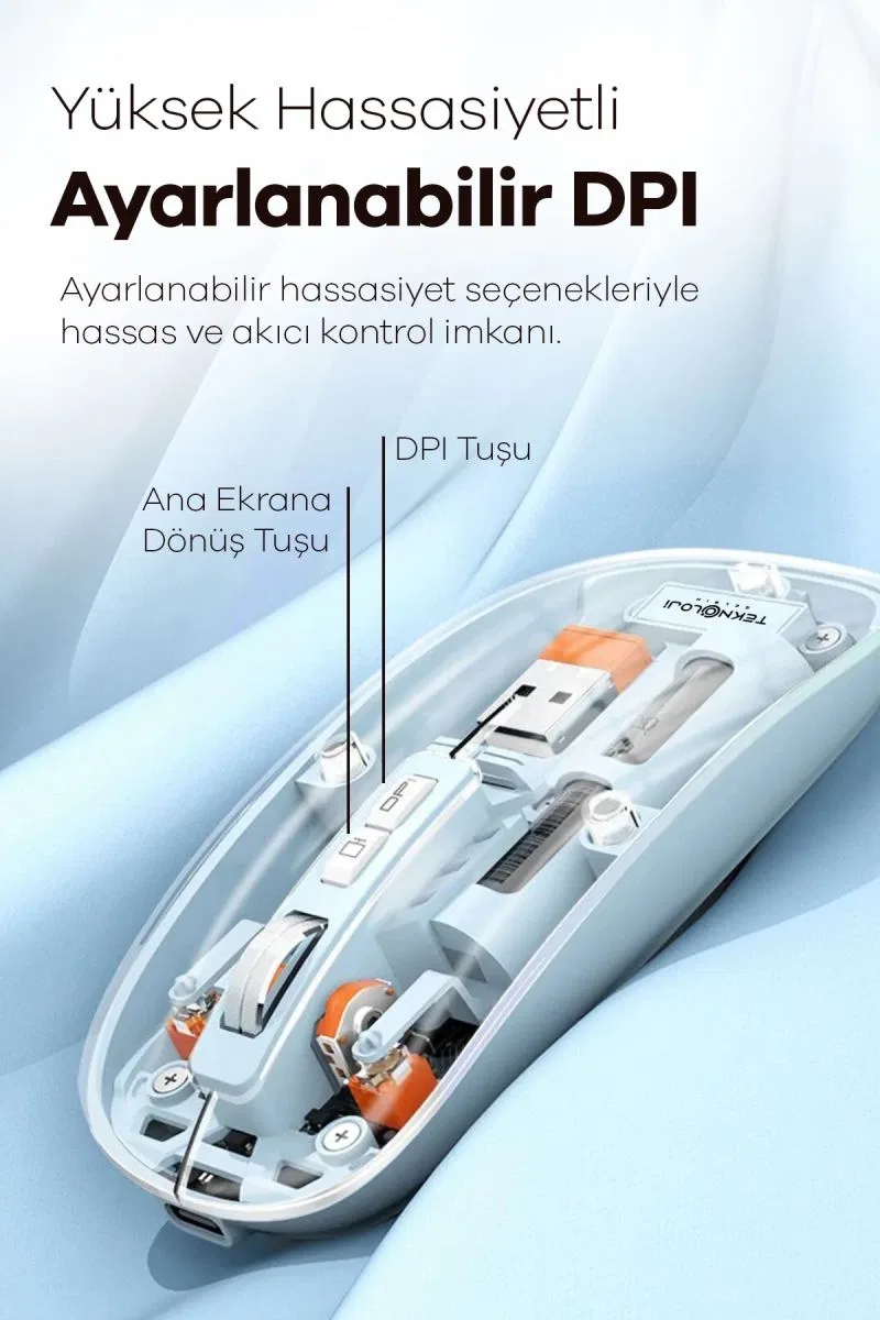Bluetooth Usb Çift Modlu Sessiz Mouse, Şeffaf Mıknatıslı Kapaklı, Type-c Şarjlı, Dpı Ayarlı, Kablosuz 10m Çekim Mesafeli, Masaüstü Kısayol Tuşlu, Taşınabilir Şarjlı Mouse Siyah görsel 3