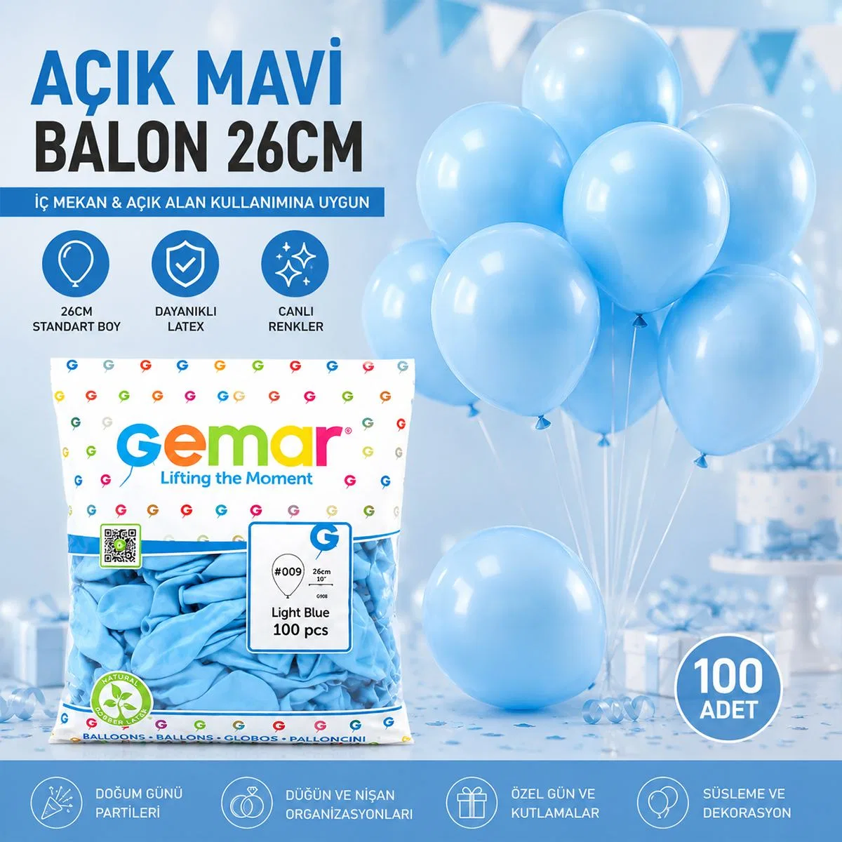 Açık Mavi 10 İnç (26 cm) Latex Balon 100'lü görsel 3